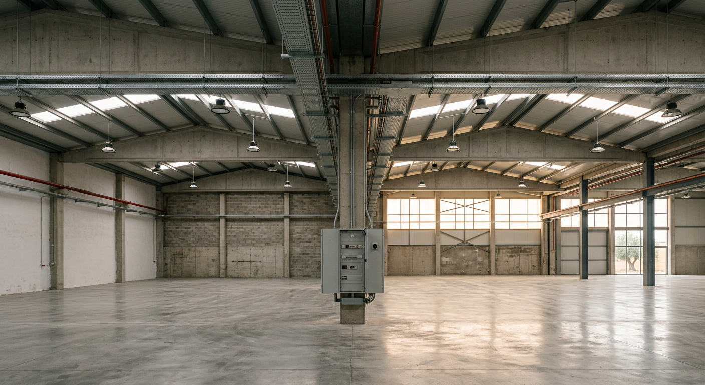 Interior de una nave industrial con instalación eléctrica nueva y cuadro eléctrico